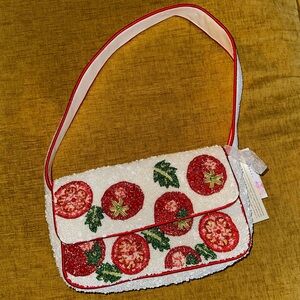 Beaded Tomato Print Shoulder Bag - White and Red